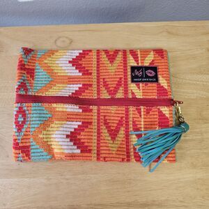 Makeup Junkie Bag Lot Aztec Print Cosmetic Bag Lg & Med Orange Red Teal Tassel